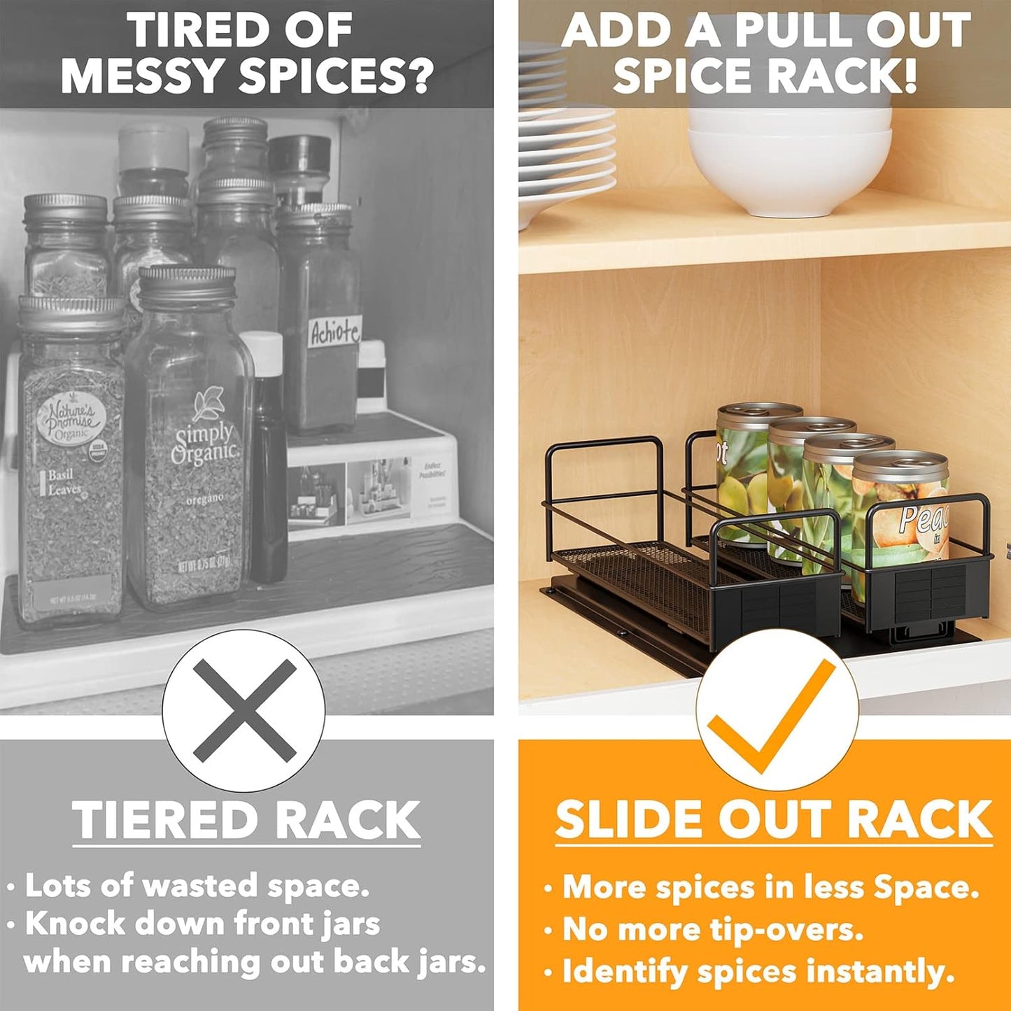 SpaceAid Pull Out Spice Rack Organizer for Cabinet, Heavy Duty Slide Out Seasoning Kitchen Organizer, Cabinet Organizer, with Labels, 7.7" W x10.8 D x4 H, 2 Drawers 1-Tier