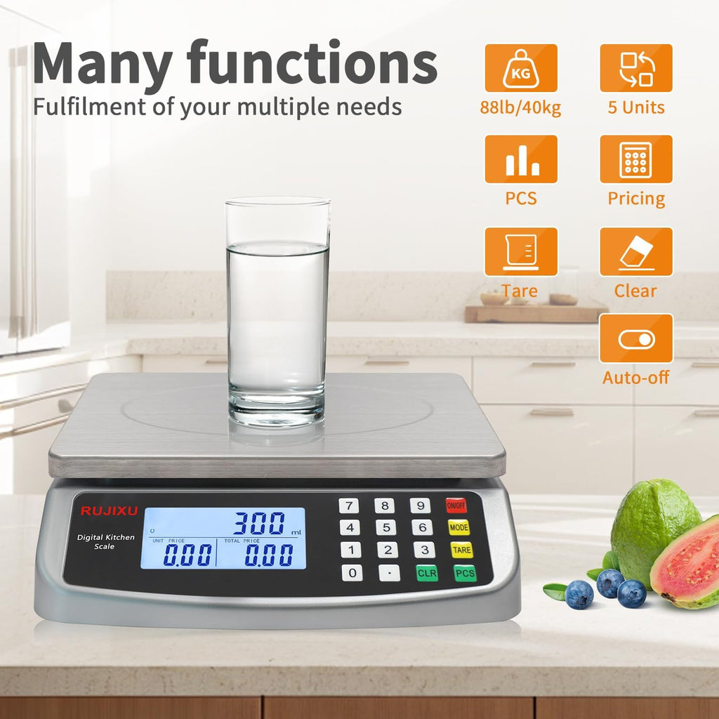 Food Scale 88lb/40kg Large Digital Kitchen Scale 0.05oz/1g with Price Computing Commercial Scale 304 Stainless Steel gram Scale for Baking Cooking Meat Restaurant ，USB or AA Battery(Included)