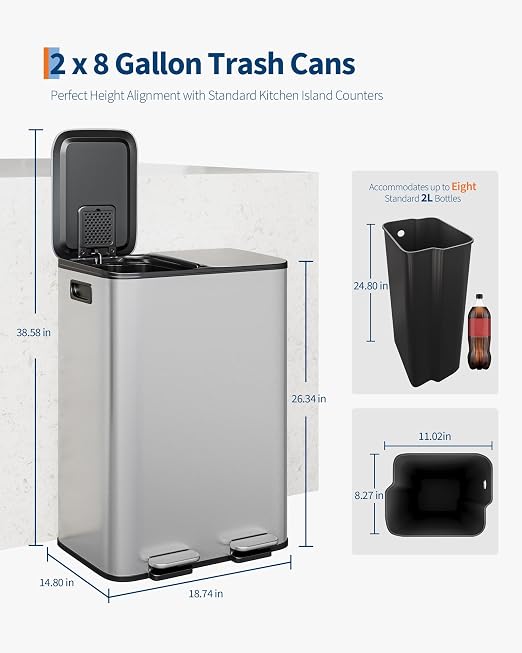 GarveeHome 2 x 8 gal Stainless Steel Double Trash Can - Image 6