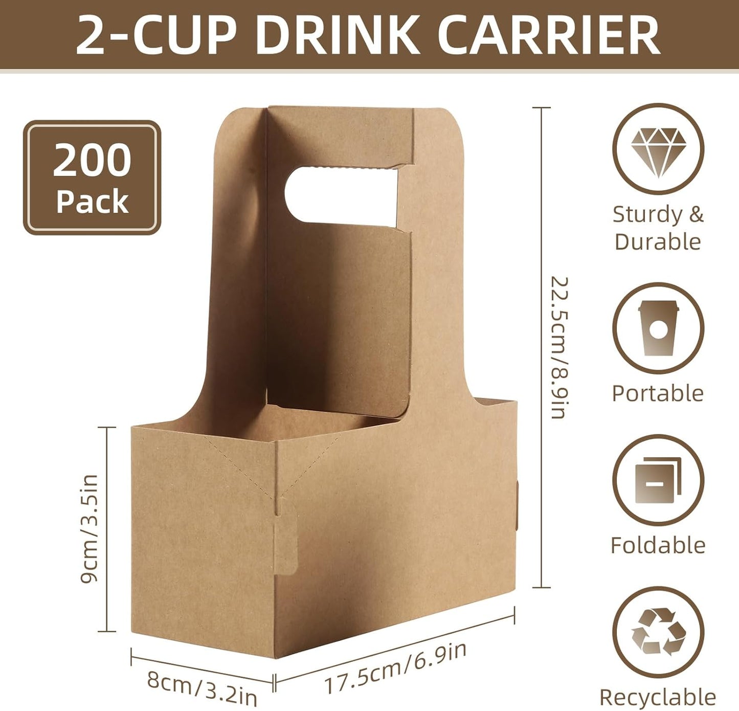 Disposable Coffee Cup Carrier for Delivery, 2 Cup Paperboard Cup Holder Portable Drink Holder Take Out Drink Carrier with Handle for Hot & Cold Drinks, 200 Pack