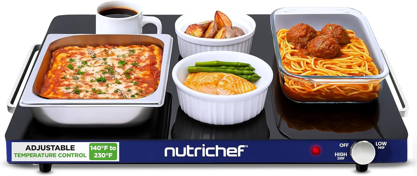 NutriChef Electric Warming Tray | Glass Surface Hot Serving Tray | Adjustable Temperature 140°F to 230°F | Energy Efficient & Space Saving | Perfect for Buffets,Parties & More | 21.2 x 16.5 IN | Blue