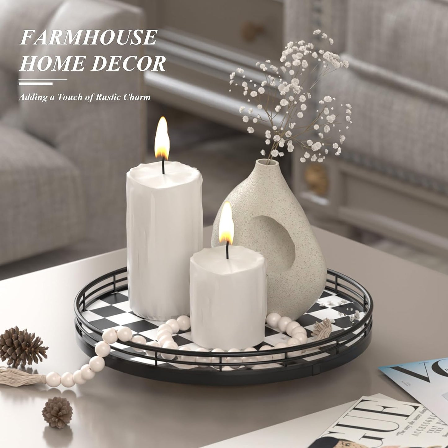 Black and White Kitchen Lazy Susan Turntable – Checkered Round Decorative Tray, 10” Table Top Oak Wood Lazy Susan for Cookies, Dining Table Organizer, Small Kitchen Table Centerpiece