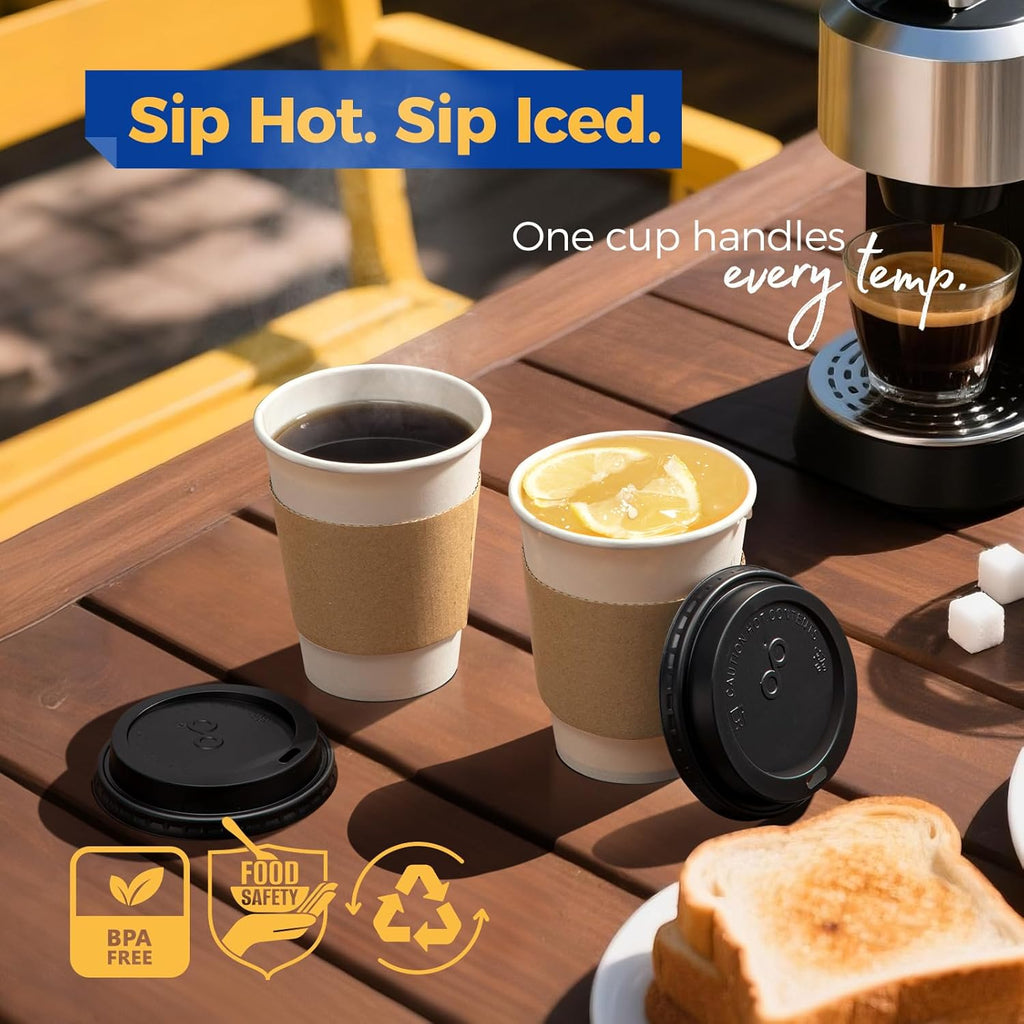 Fit Meal Prep 100 Pack 12 oz Disposable Coffee Cups with Lids, Sleeves, Leak-Proof To Go Coffee Cups with Lids, Durable Paper Cups for Hot Beverage, Home, Office, Party