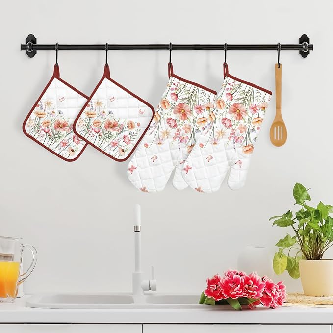 Pink Floral Oven Mitts and Pot Holders Sets 4Pcs, 100% Cotton Heat Resistant - Image 5