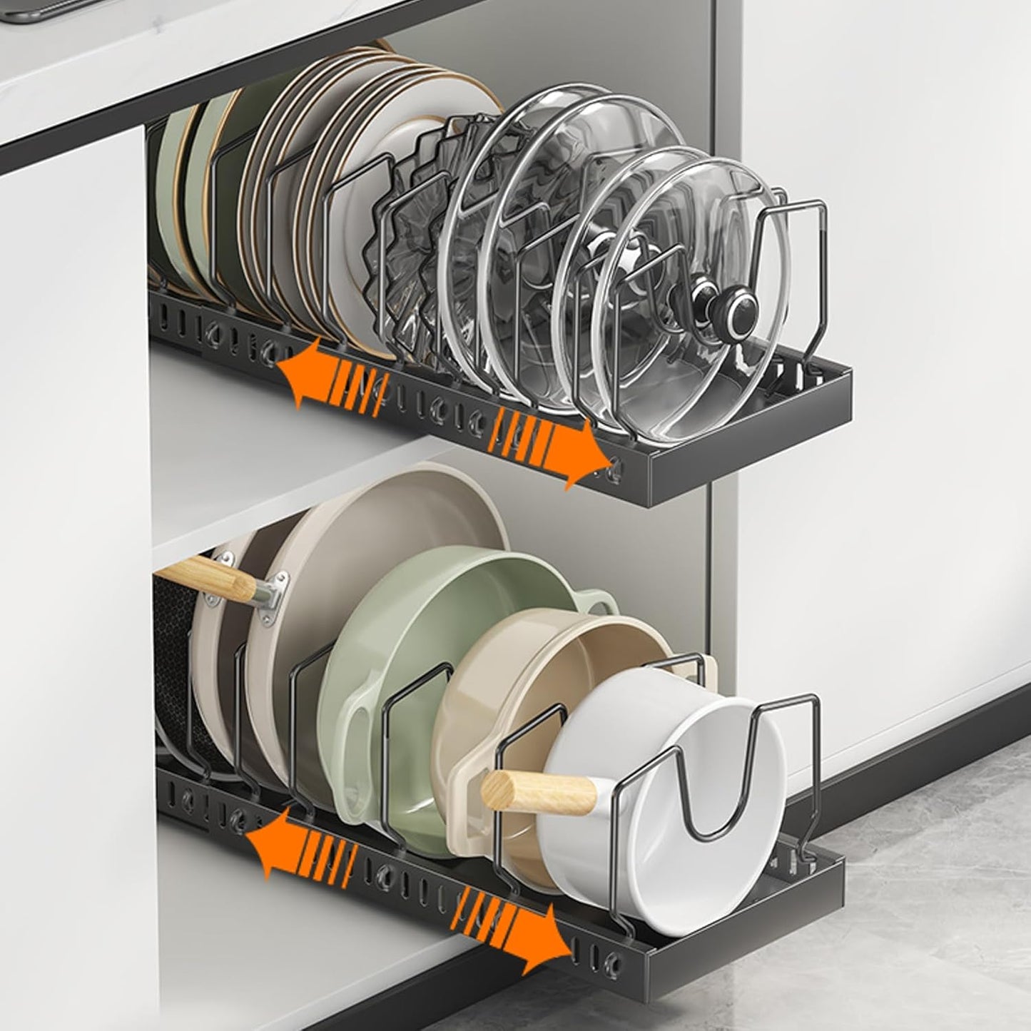 Pots and Pans Organizer for under Cabinet,Pull Out Cabinet Organizer with 8 Adjustable Dividers (Black, Sliding type)