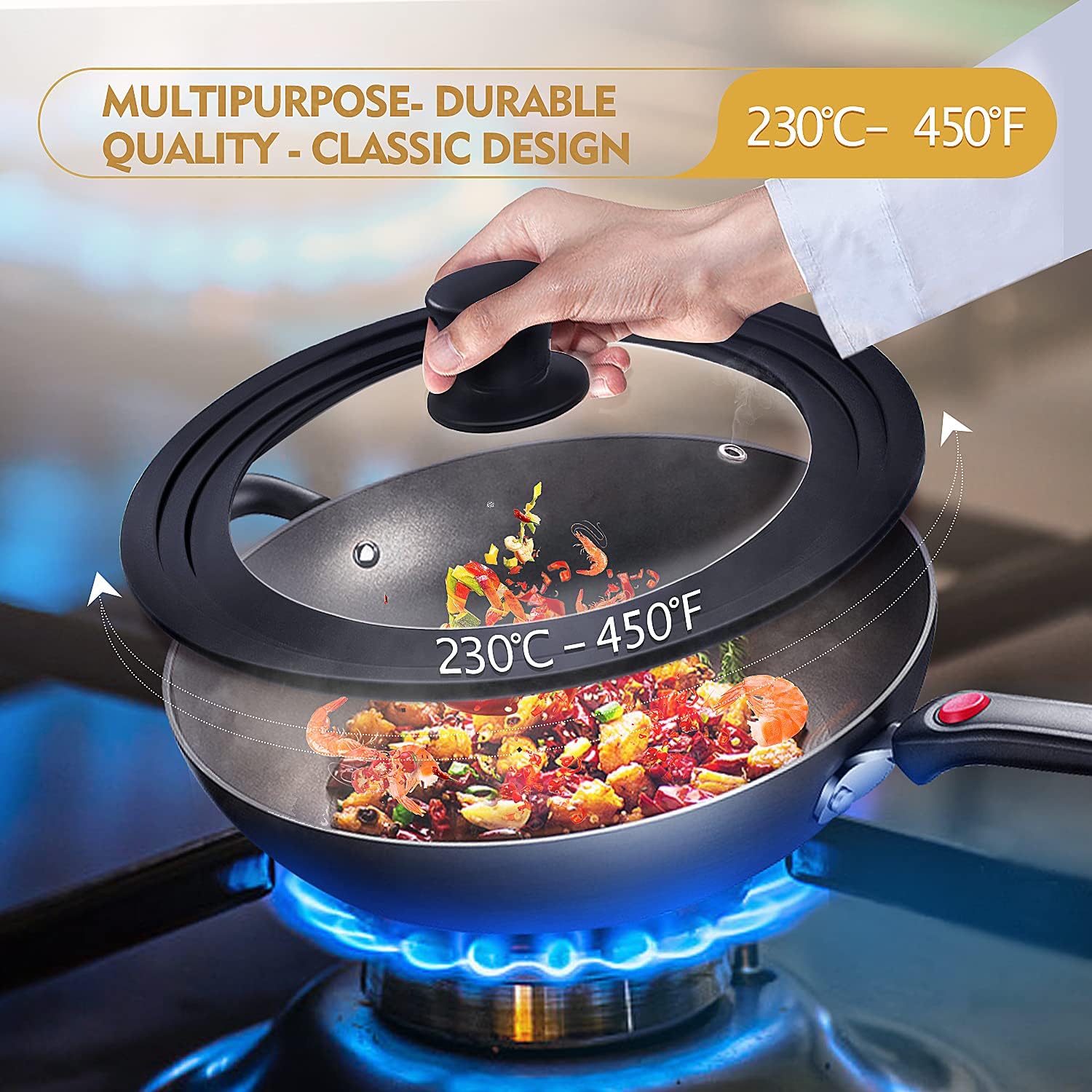 Universal Lid for Pots, Pans and Skillets, Pot Lid With Heat Resistant Silicone Rim and Tempered Glass, Fits 11", 12", 12.5" Diameter Pots and Pans