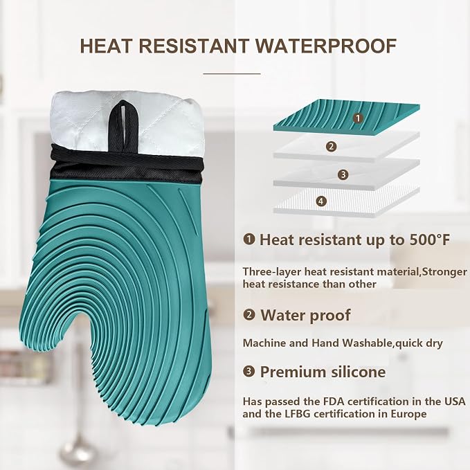 Silicone Oven Mitts-13.6 in Extended Oven Mitts Heat Resistant 500F, Oven Gloves - Image 3
