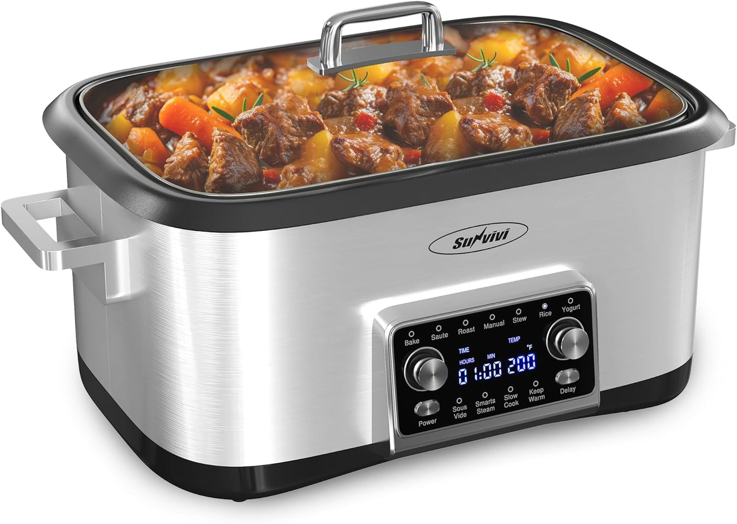Sunvivi 8 Quart Slow Cooker Roaster Oven, 12 in 1 programmable Multi-Cooker Food Warmer with Digital Timer, Temp Control, Removable Cast Aluminum Pot & Dishwasher-Safe Tempered Glass Lid, Stainless