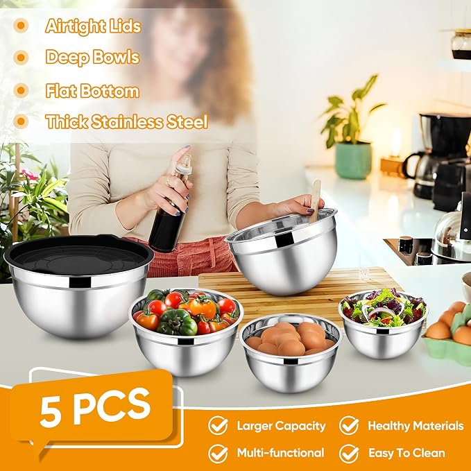 TeamFar Mixing Bowl Set of 5, 4.5/3/1.5/1/0.7 QT, Stainless Steel Metal Nesting - Image 3