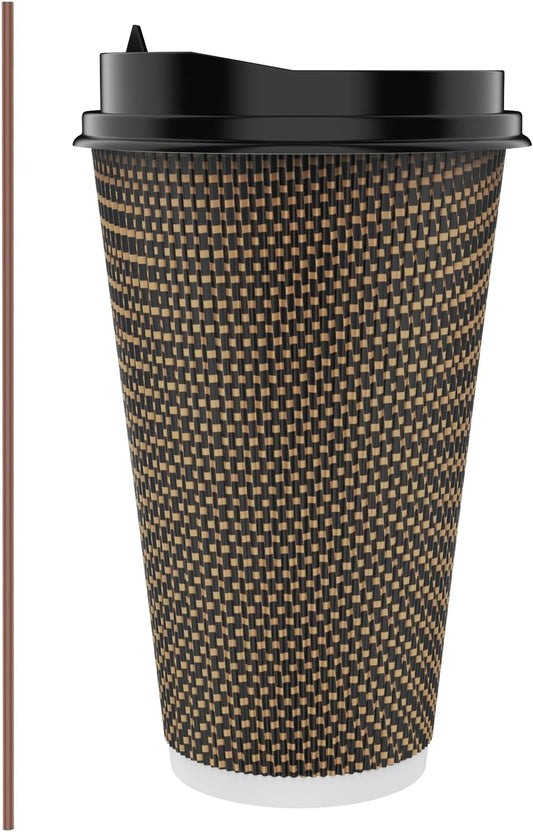 LITOPAK 80 Pack 16 oz Paper Coffee Cups, Insulated Ripple Wall Paper Cups with Lid and Straws, Three Layer Insulated Hot Beverage Cups for Hot Drinks, Coffee Cups for Parties, Picnic, and Travel