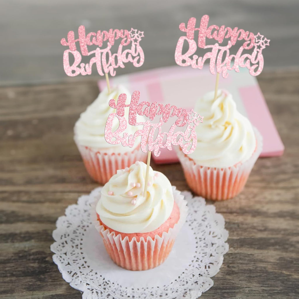 Ephlyn 24Pcs Pink Light Pink Happy Birthday Cupcake Toppers for Baby Shower, Kids Boys Girls Birthday Anniversary Party Cake Decorations