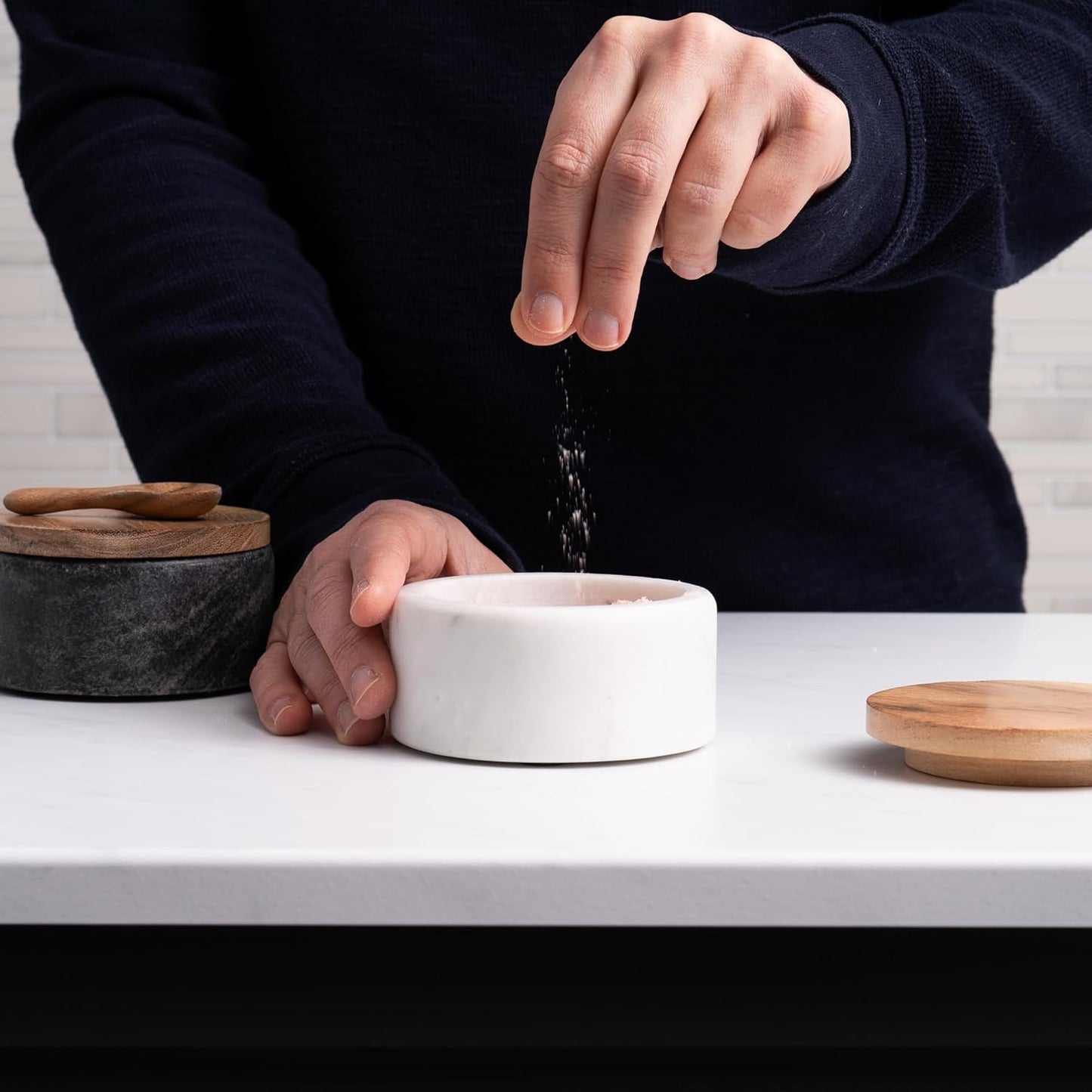 Cork & Mill Grey Marble Salt Cellar with Acacia Wood Lid and Spoon - Elegant Modern Salt Container for Countertop - Handcrafted Pepper Pot - Wide 4” Pepper Holder with Non-Skid Feet