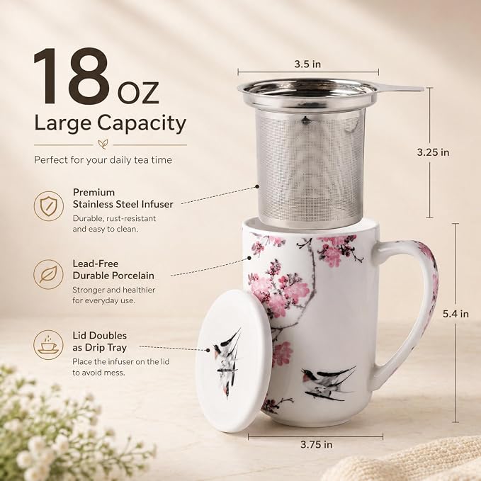 AmorArc Porcelain Tea Mug with Infuser and Lids, 18 Oz Coffee Cup Strainer with - Image 3