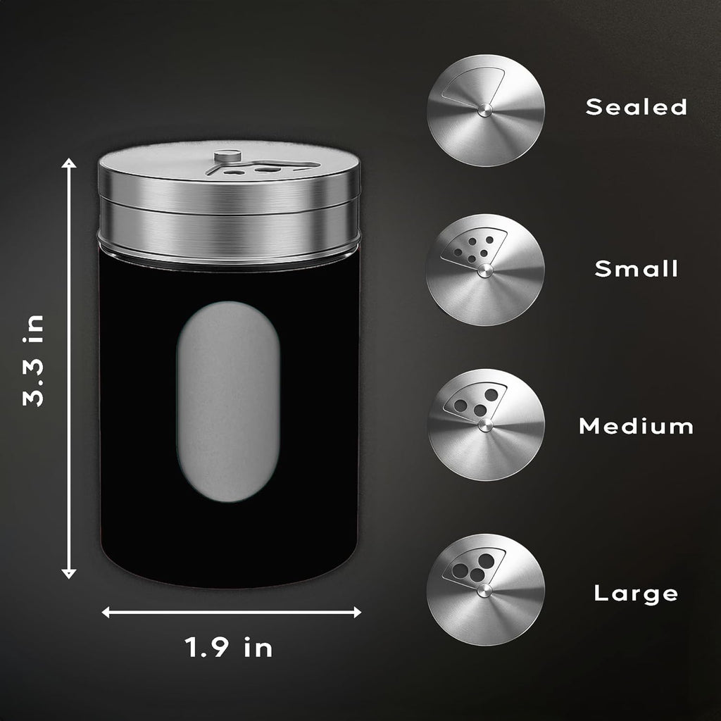 4-Piece Premium Stainless Steel Salt and Pepper Shakers Set – Adjustable Pour Holes Spice Dispenser for Salt, Sugar, Cinnamon, and Pepper – Stylish Kitchen Seasoning and Spice Shaker Set (Black)