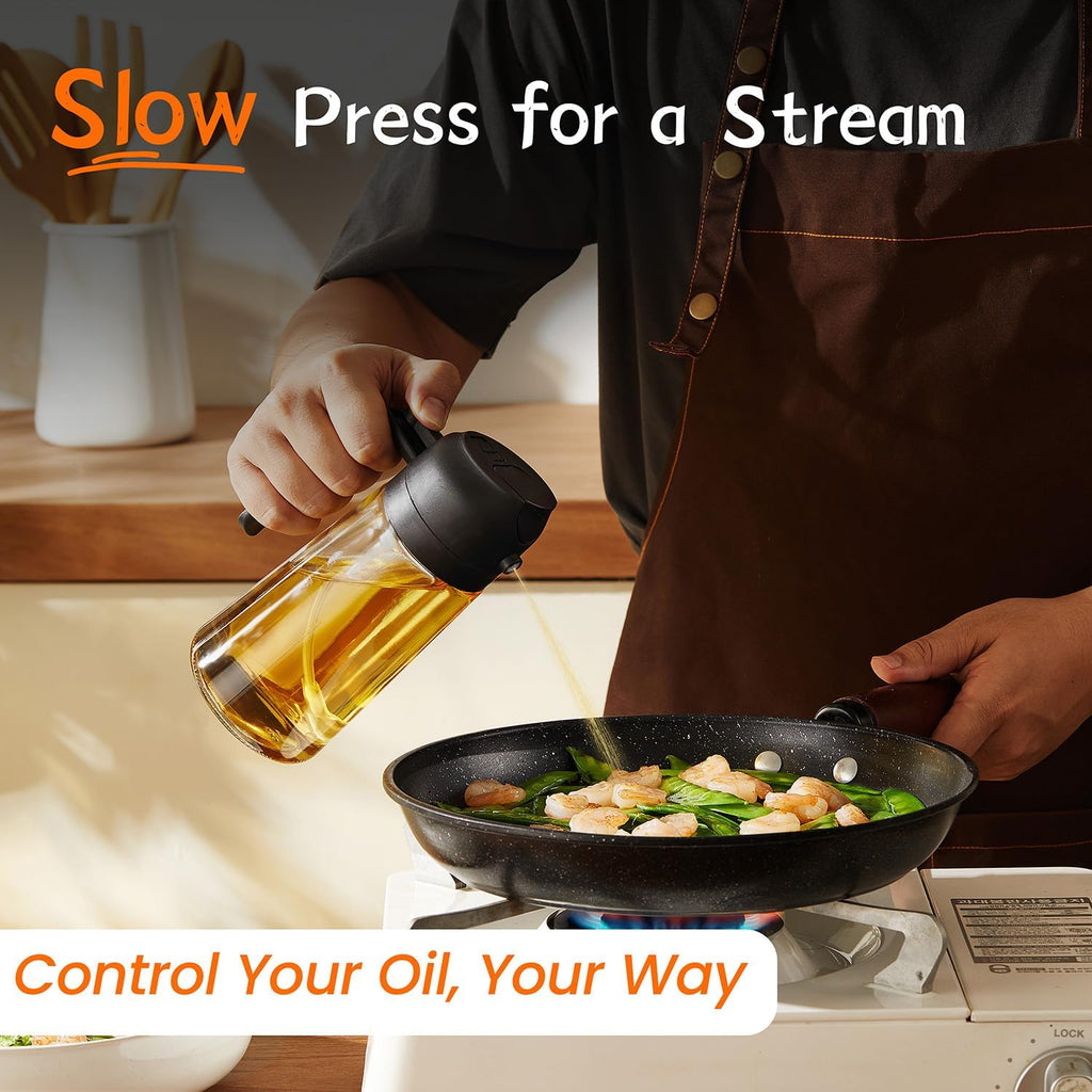 TrendPlain 16oz/470ml Glass Olive Oil Sprayer for Cooking – 2 in 1 Olive Oil Dispenser Bottle for Kitchen Gadgets and Air Fryer Accessories, Salad, BBQ - 2 Black