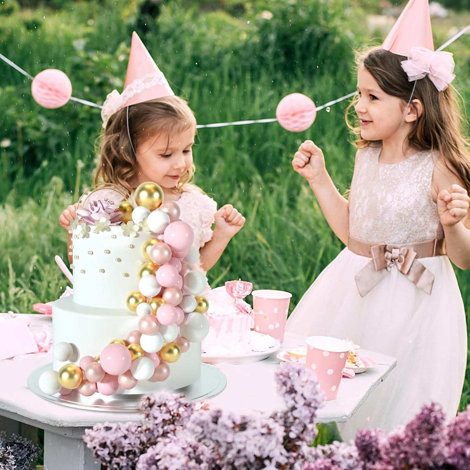 48 Pcs Cake Topper Decorations - Balloon Cupcake Toppers, Foam Balls for Birthday Party Wedding Cake Decorating (Rose Gold, Pink, White, Gold)