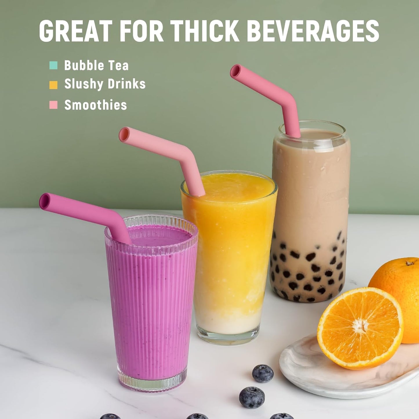 NiHome 6PCS Extra Wide Reusable Bent Silicone Straws for Boba, Smoothies, Bubble Tea, Eco-Friendly Bent Straws for Thick Drinks, Child-Safe, Customizable Length, 2 Brushes for Cleaning (Pink Gradient)