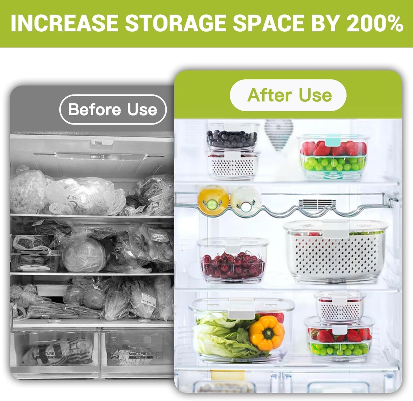 LUXEAR Fresh Produce Vegetable Fruit Storage Containers 3Piece Set, BPA-free, Partitioned Salad Container, Fridge Organizers, Used in Storing Fruits Vegetables, White