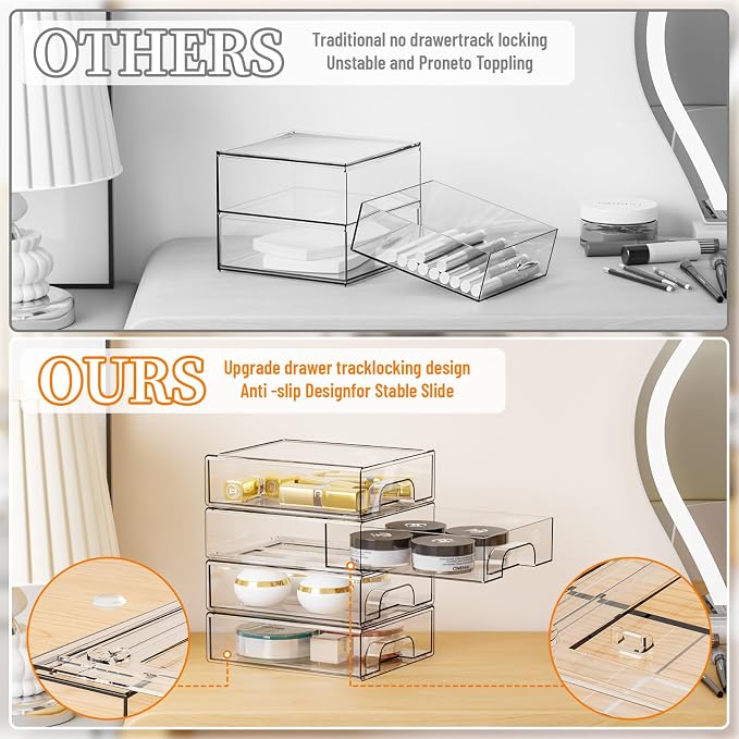Yieach 4 Pack Small Clear Stackable Storage Drawers, 2.2'' Tall Desk - Image 4