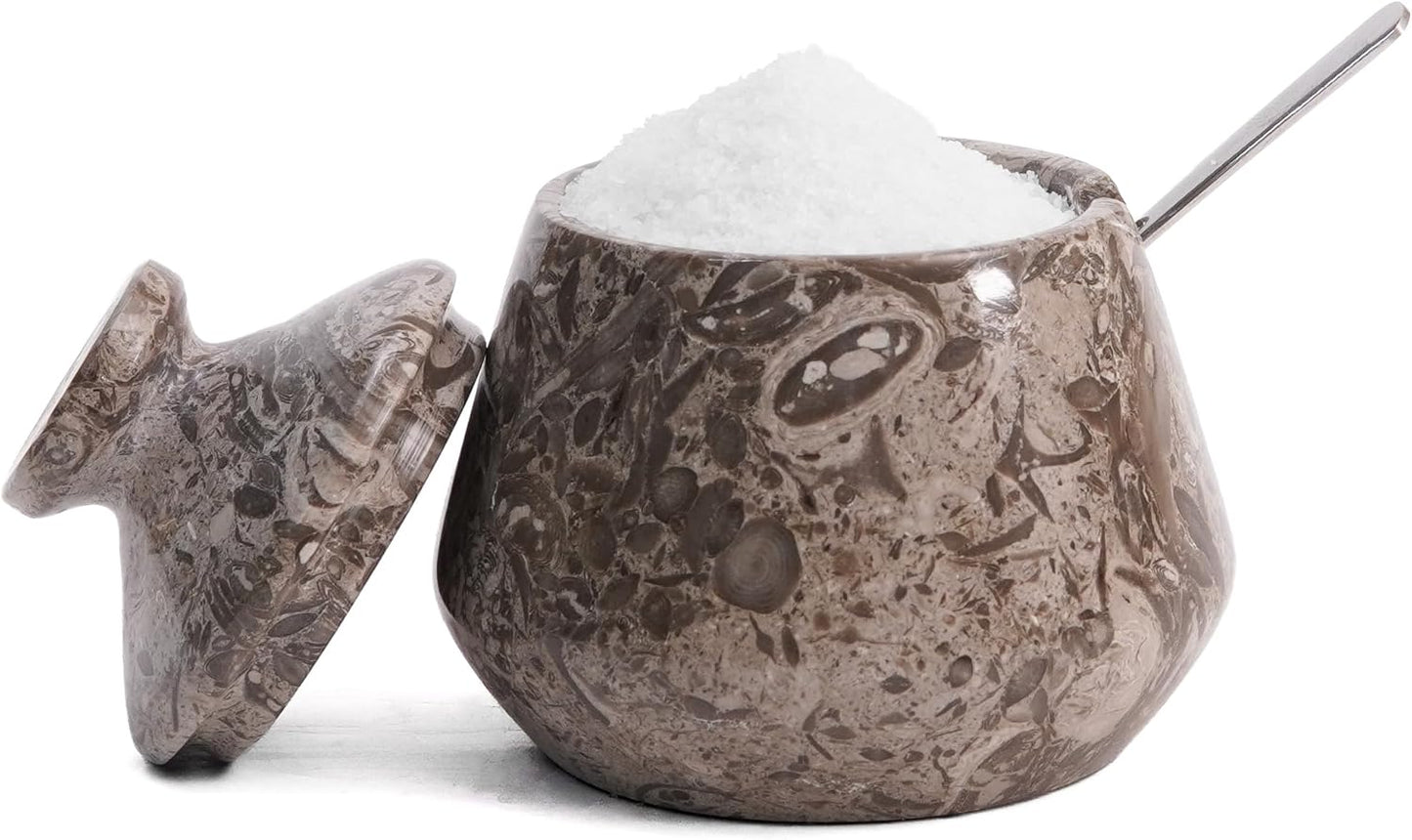 Marble Salt Cellar With Lid and Spoon 3" Inches Oceanic Salt Box, Natural Stone Salt Holder for Kitchen Counter Salt Container Sugar, Salt & Pepper Bowls