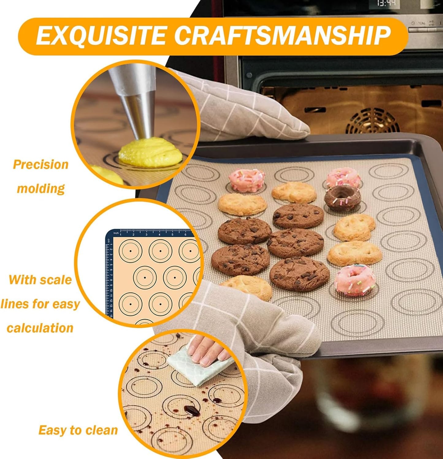 Macaron Silicone Baking Mat Set with Measurement Grid All-in-one 7Pcs Reusable Non-Stick Oven Mats Sheets for Macaron Cookie, Pizza, Pastries & Bread