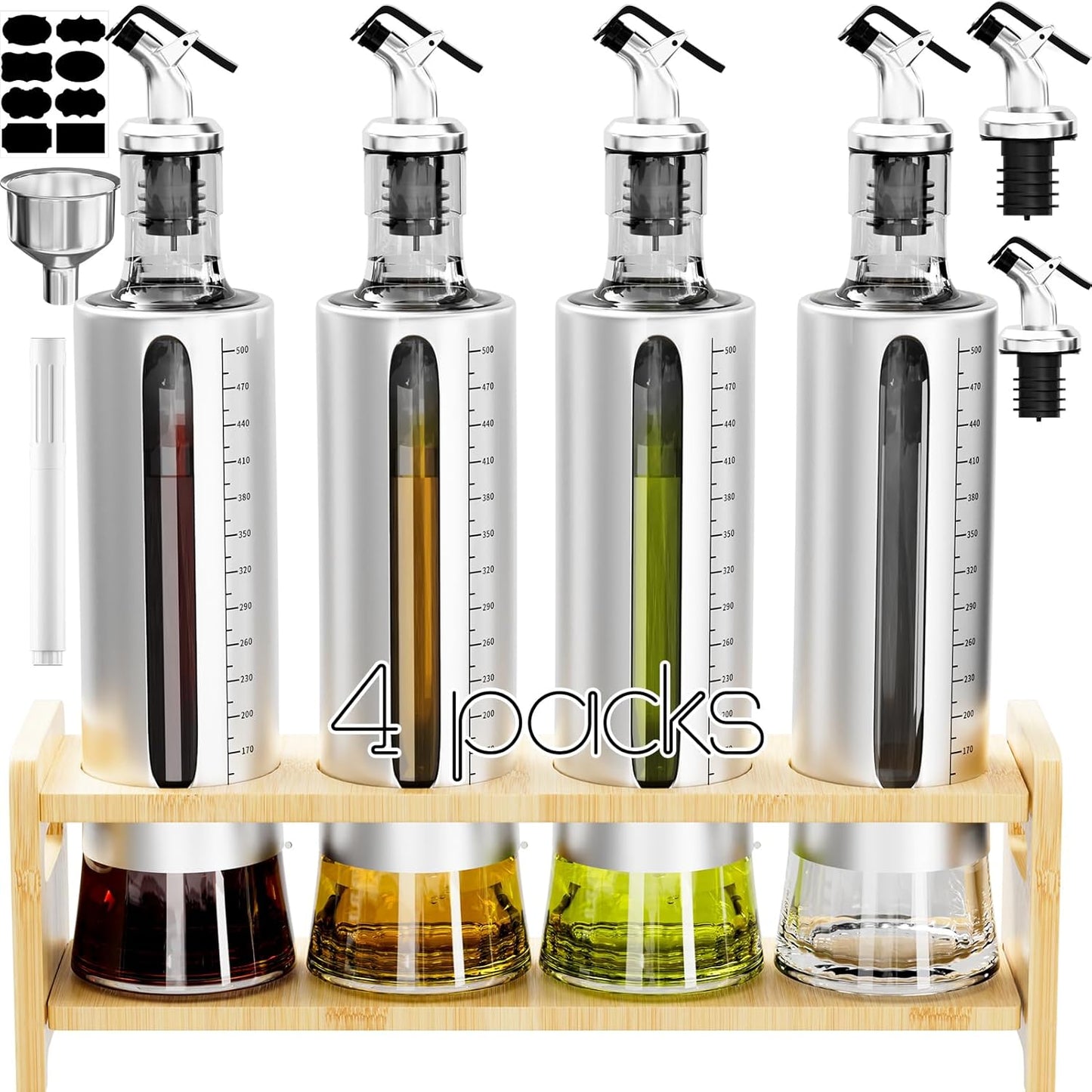 Oil Dispenser Bottle, 4 Pack Glass Olive Oil Dispenser Bottle with Shelf, 17oz/500 ml Oil and Vinegar Dispenser Set Wrapped in Stainless Steel Shell with Pourers, Funnel & Pen and Tags