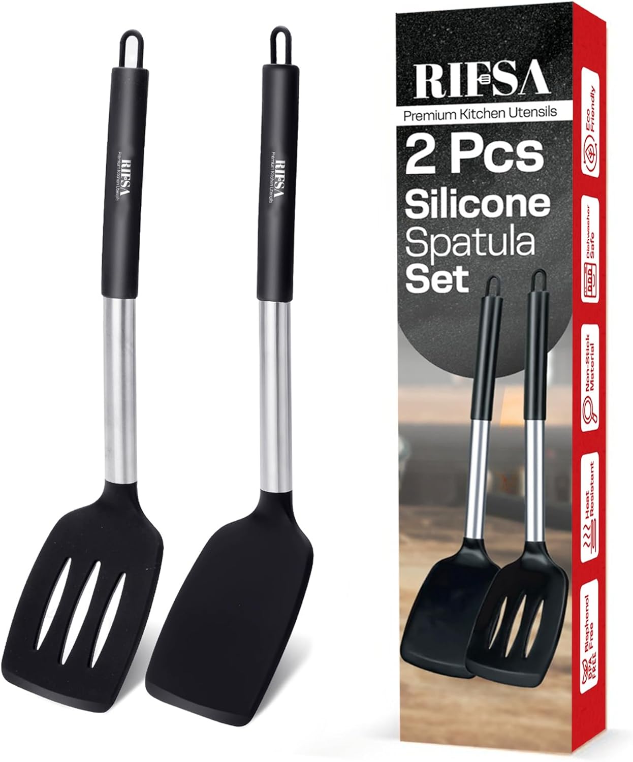 Silicone Spatula Set - Pack of 2 Non Stick Slotted Kitchen Spatulas, Heat Resistant Silicone Turner for Frying, Baking, BPA-Free, Slotted Spatula for Nonstick Cookware