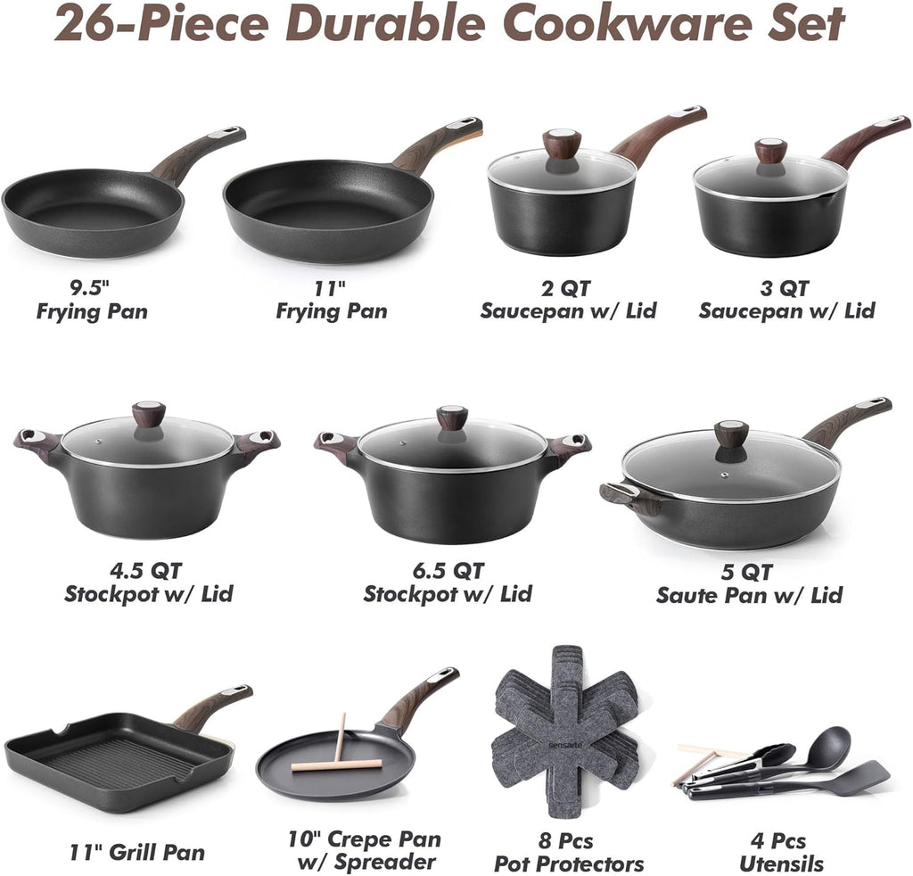 SENSARTE Pots and Pans Set Non stick, Non toxic Healthy Induction Cookware Sets, 26 Pcs Nonstick Kitchen Cooking Set, w/Frying Pans Set, Saucepans Set, Stockpots Set, PFOA PFOS Free, Black