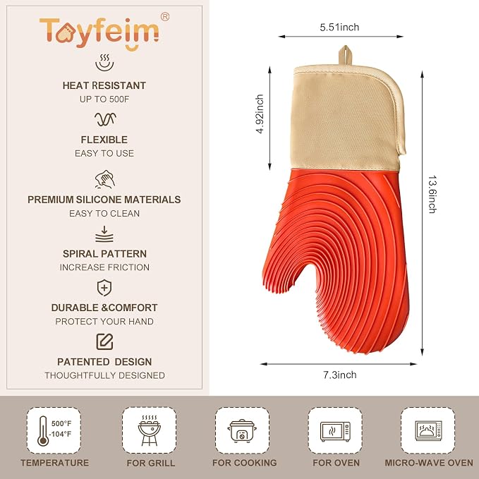 Silicone Oven Mitts-13.6 in Extended Oven Mitts Heat Resistant 500F, Oven Gloves - Image 5