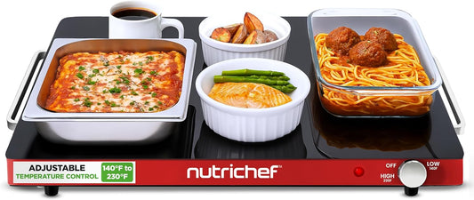 NutriChef Electric Warming Tray | Glass Surface Hot Serving Tray | Adjustable Temperature 140°F to 230°F | Energy Efficient & Space Saving | Perfect for Buffets,Parties & More | 21.2 x 16.5 IN | Red