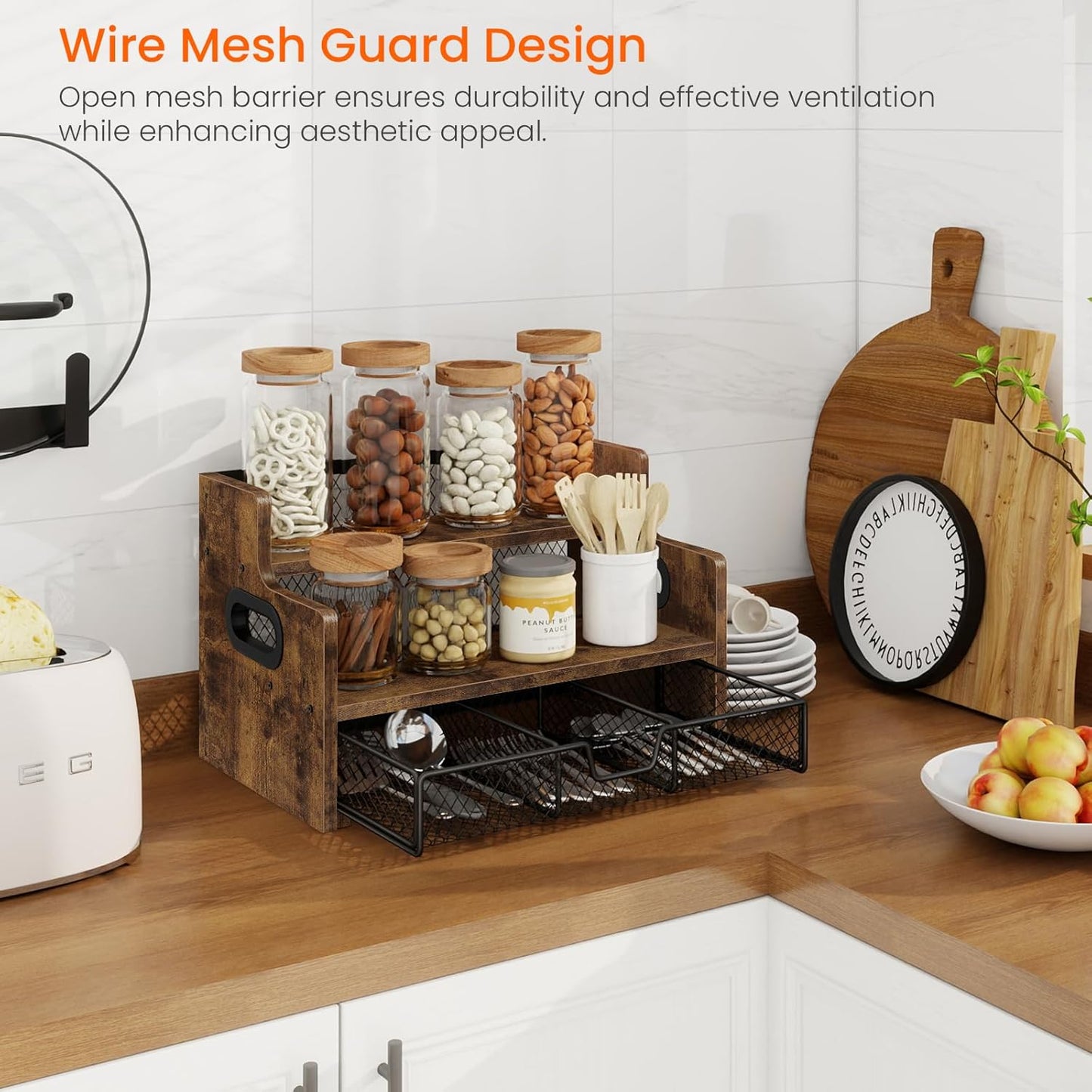 Homode Coffee Syrup Rack Organizer, 3-Tier 8 Bottles Syrup Holder Stand with 35 K Cup Storage Basket Drawer for Coffee Bar, Wood Liquor Shelf Wine Rack Countertop for Home, Rustic Brown