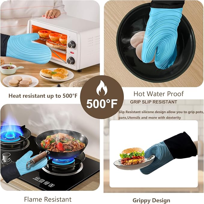 Silicone Oven Mitts-13.6 in Extended Oven Mitts Heat Resistant 500F, Oven Gloves - Image 4