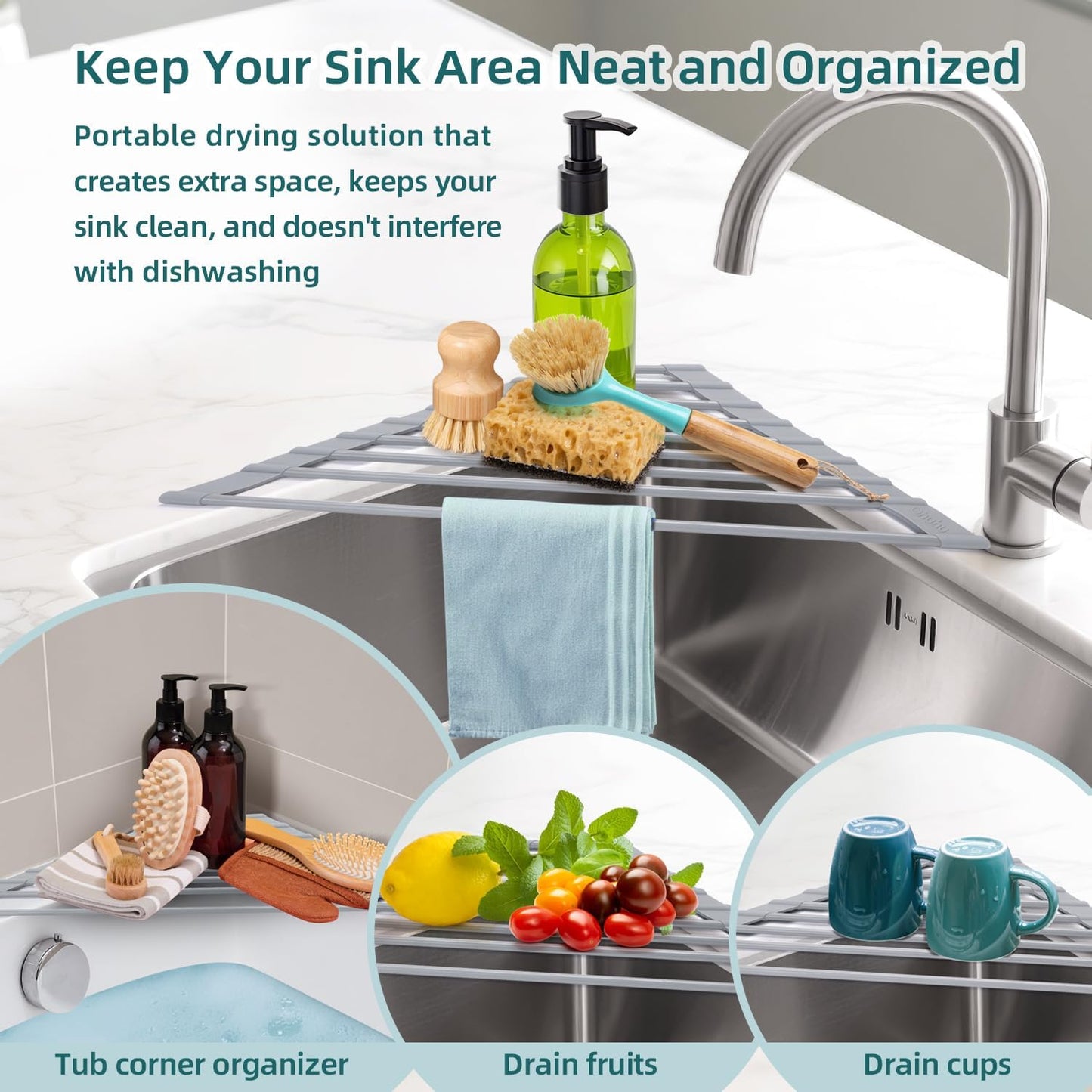 Ohuhu Triangle Roll Up Dish Drying Rack, Anti-Slip Organizer for Kitchen Sink Drying Rack with Full Silicone Wrapped for Top of Sink Coner Grey