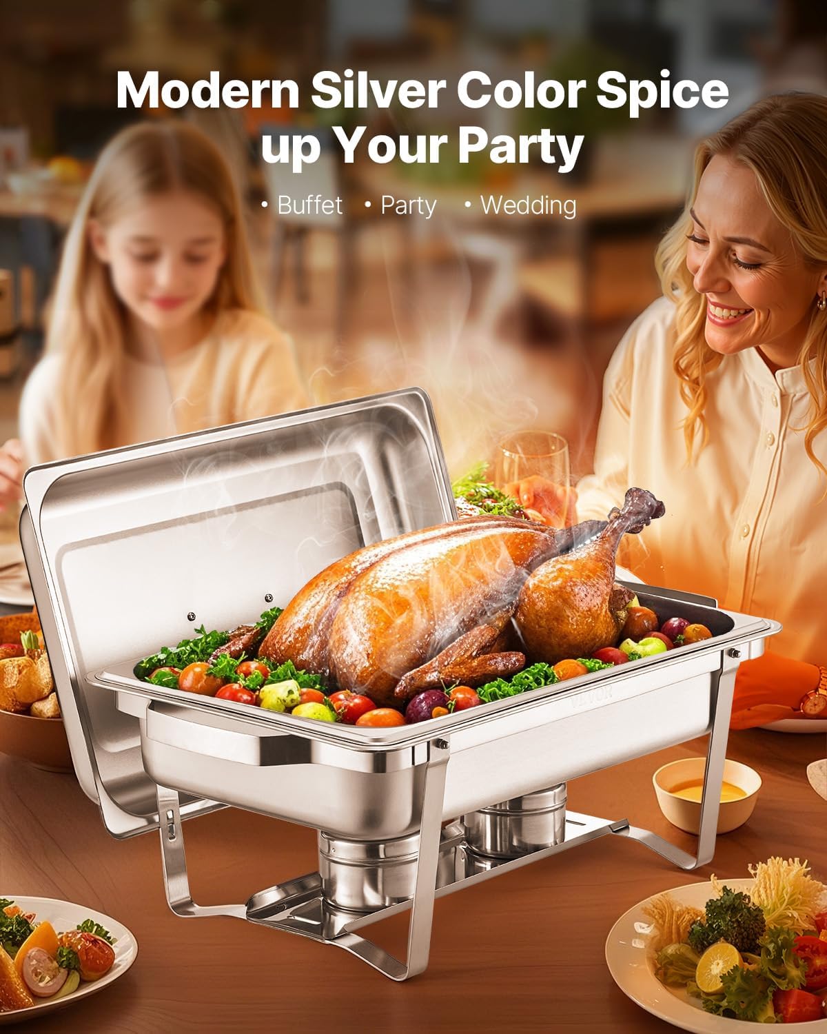 VEVOR Chafing Dish Buffet Set, 8 Qt 6 Pack, Stainless Steel Chafer with 6 Full Size Pans, Rectangle Catering Warmer Server with Lid Water Pan Stand Fuel Holder, for Weddings Parties Banquets, Silver