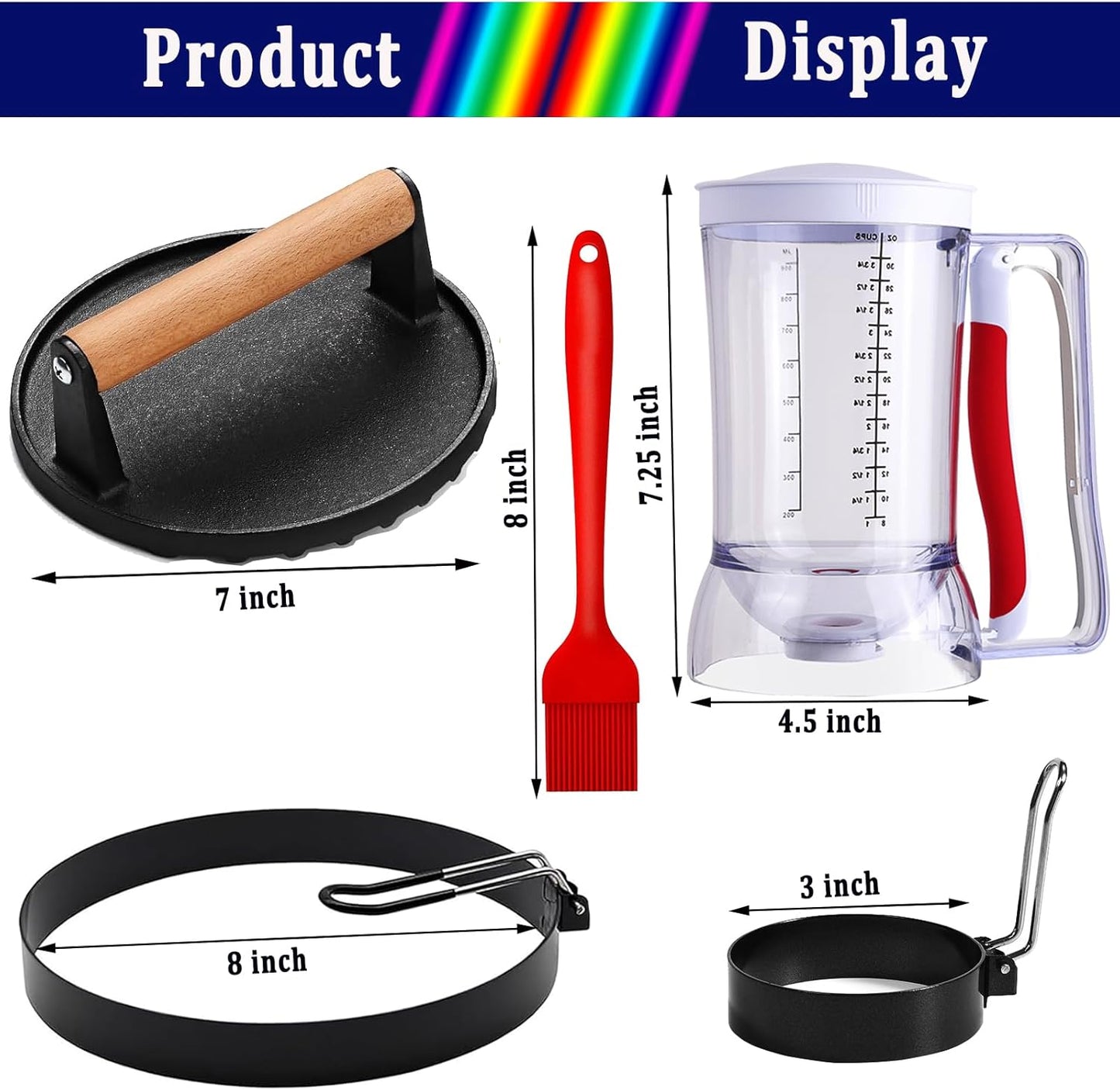 8-Piece Griddle Breakfast Kit for Blackstone - Complete Set of Griddle Accessories,Pancake Batter Dispenser, Bacon Press,Egg Rings and Basting Brush Included