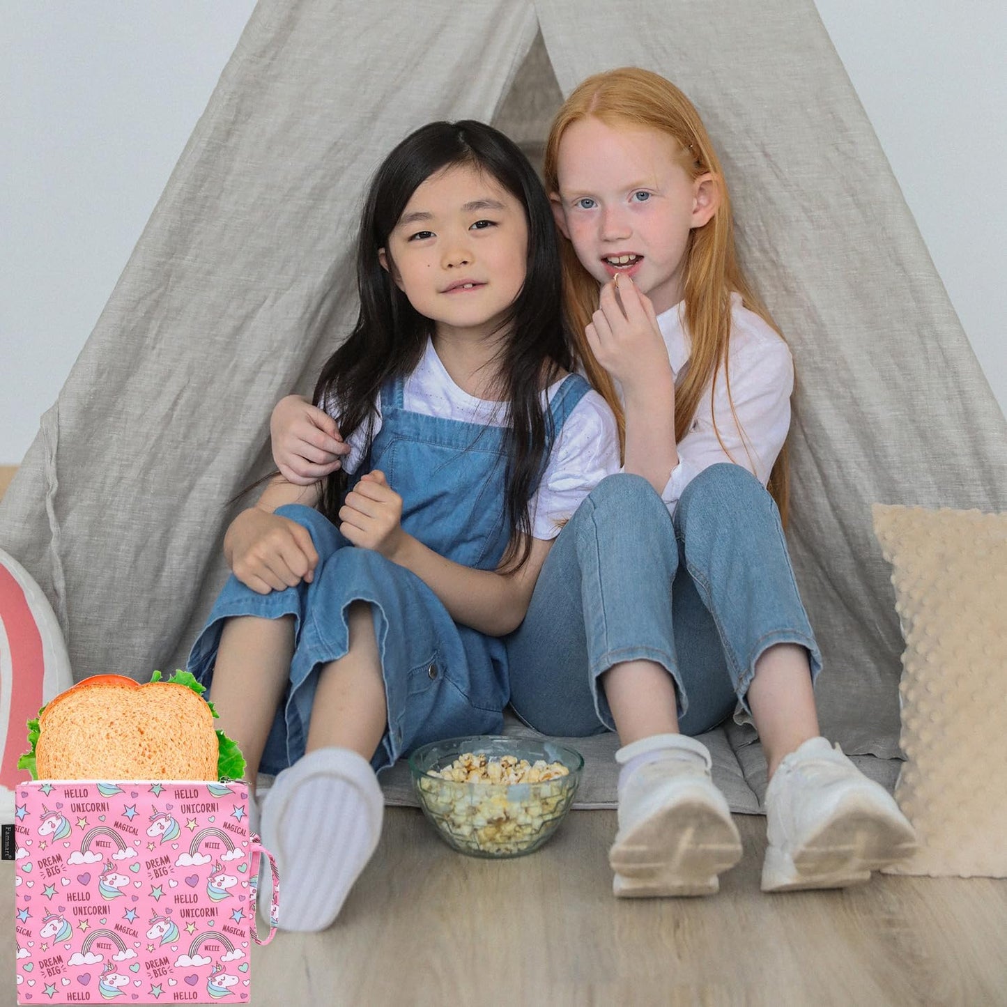 Reusable Sandwich Bag/Snack Bag for Kids & Adults, Dual Layer Lunch Bag with Handle, Washable, Food Safe, BPA Free (1-Pack, Rainbow Unicorn)