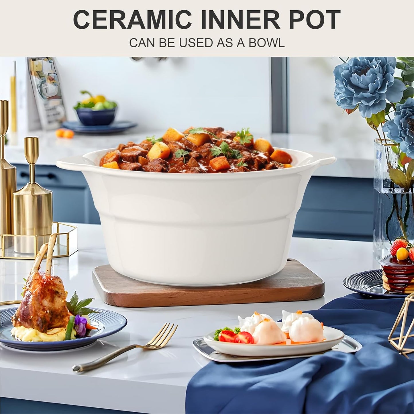 MAGNIFIQUE 5 Quart Programmable Slow Cooker with Auto Warm Setting, Glazed Ceramic Liner, Kitchen Small Appliance for Family Dinners, White