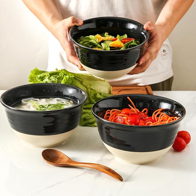 HASENSE Large Ceramic Soup Bowls Set of 4, 40 Oz Gloss Black Beige Stackable - Image 5