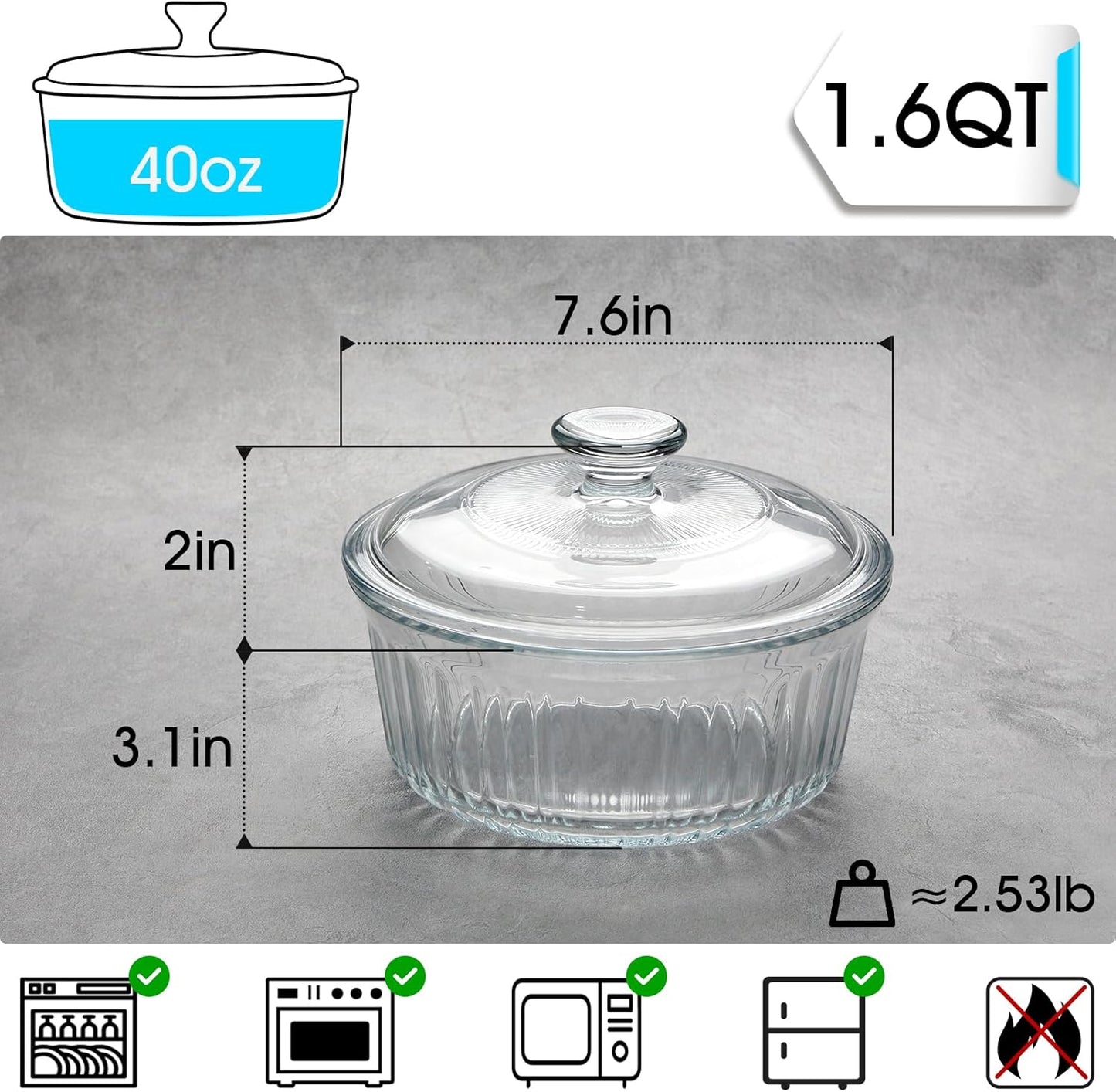 NUTRIUPS 1.6QT Round Glass Casserole Dish with Lid, Borosilicate Glass, Round Casserole for Oven