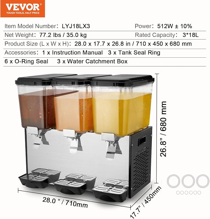 VEVOR Commercial Beverage Dispenser, 3 Tanks 18 L / 19 QT Per Tank Juice - Image 7
