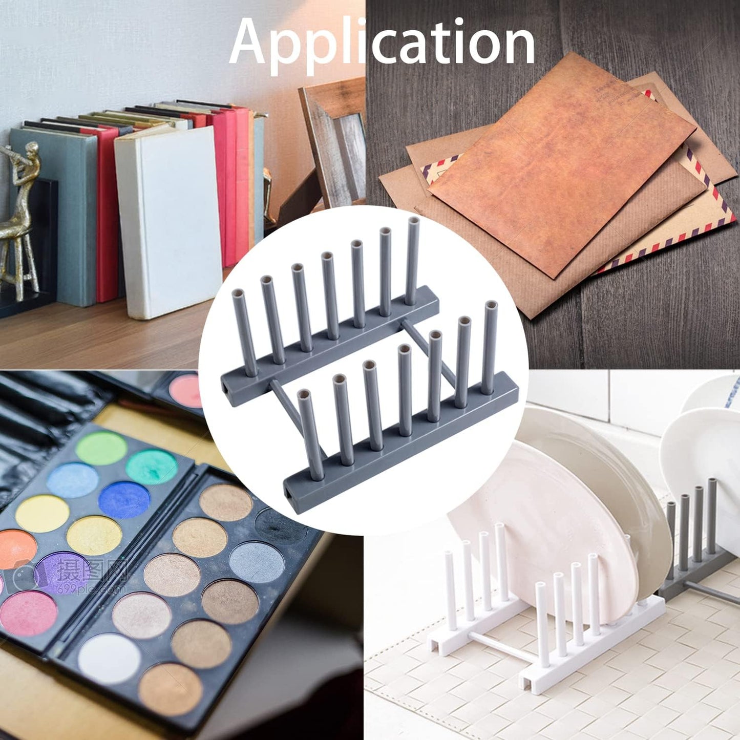 Gray Plate Racks Organizer for Cabinet, 4 Pack Plastic Plate Rack Stand Keep Dry for Dish, Bowl, Cutting Board, Bakeware, Serving Tray and More, Desk Mail Sorter Organizer 6 Slots Removable