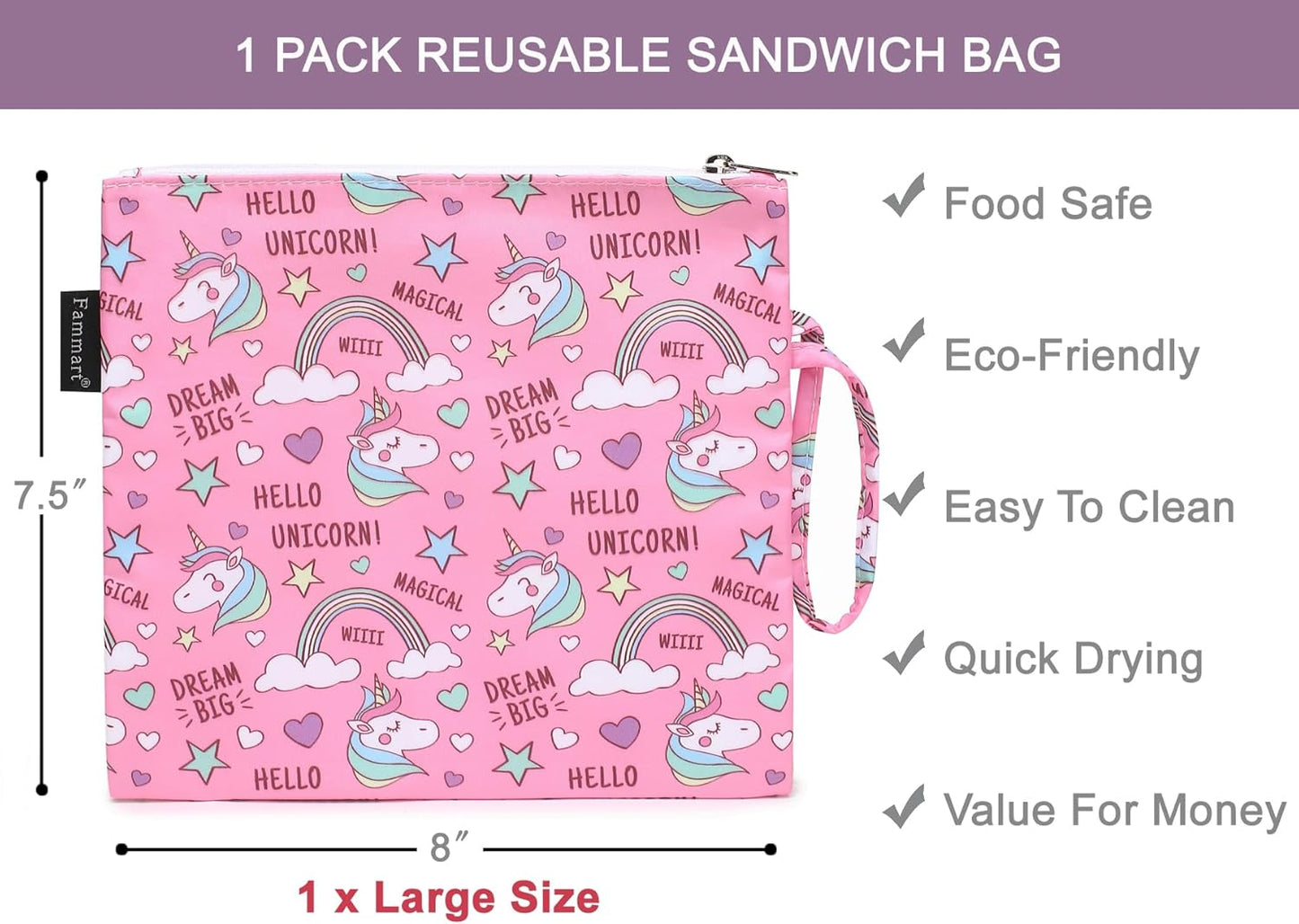 Reusable Sandwich Bag/Snack Bag for Kids & Adults, Dual Layer Lunch Bag with Handle, Washable, Food Safe, BPA Free (1-Pack, Rainbow Unicorn)