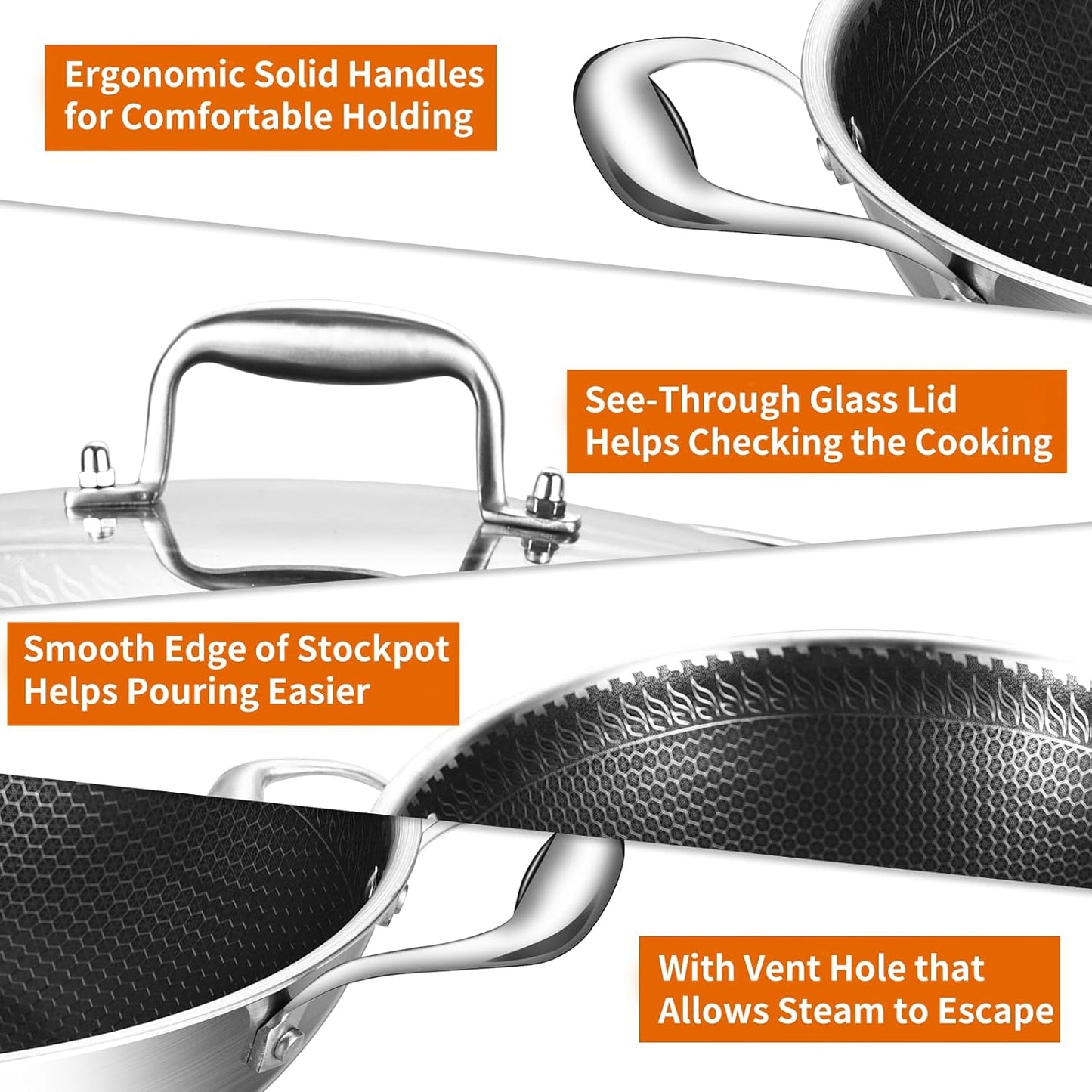 DELARLO Wok Pan With Lid 12 Inch Non stick wok,Oven Safe Up to 600℉,Woks & Stir-Fry Pans Nonstick,Tri-Ply Stainless Steel Wok, 5QT Nonstick Deep Frying Pan, Induction Saute Pan With Lid