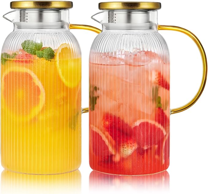 2 PACK Glass Pitcher with Lid 64 oz, Classic Vertical Stripes Pitcher with Lid by Potdoctor