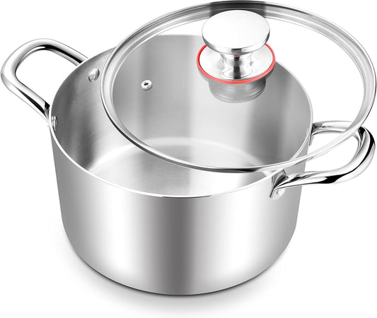 TeamFar 6 Quart Stock Pot, Stainless Steel Tri-Ply Cooking Pasta Pot with Tempered Glass Lid for Induction/Electric/Gas/Ceramic, Healthy & Sturdy, Double Riveted Handles & Dishwasher Safe
