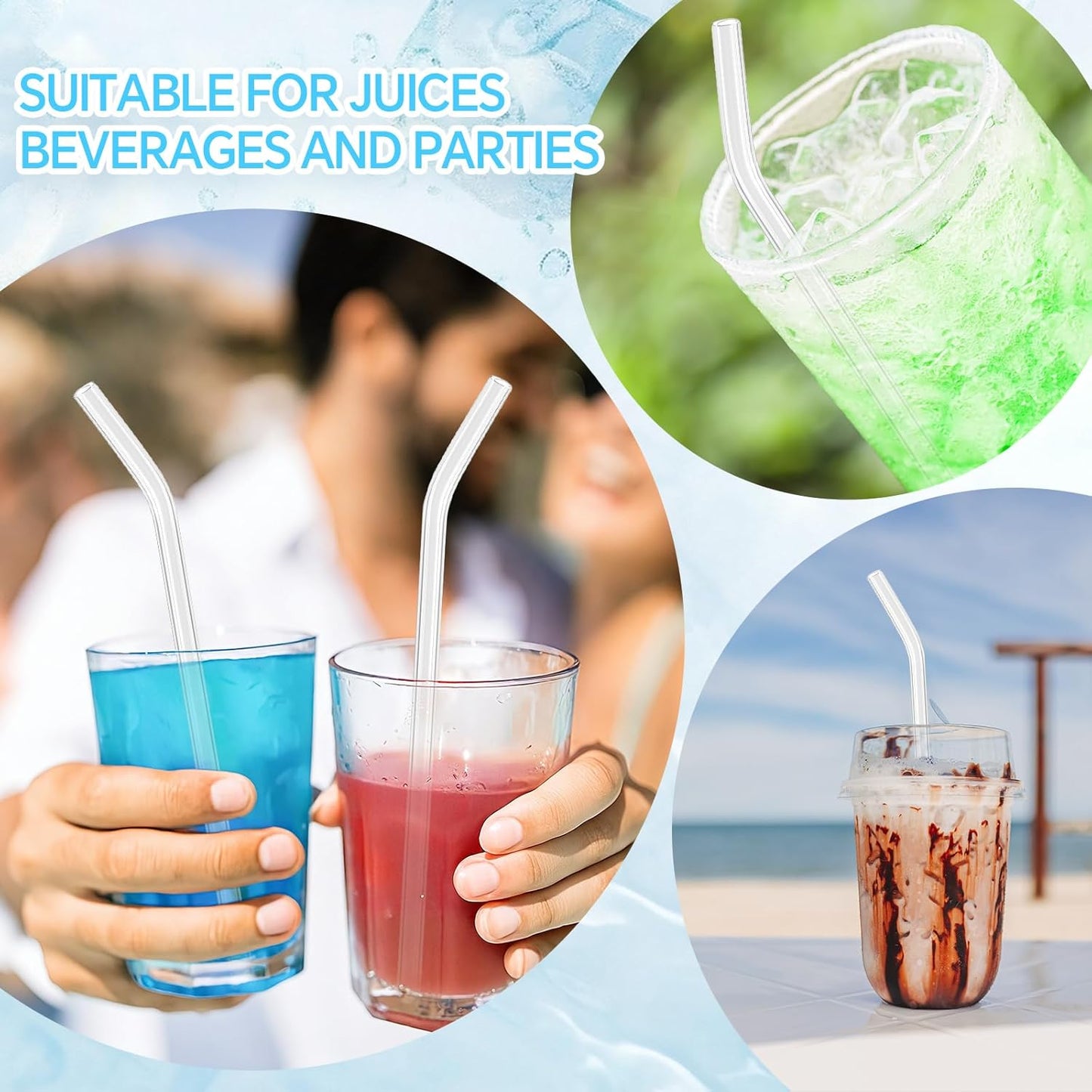 12 Pcs Reusable Glass Straws 8"x 8 mm Bent Glass Drinking Straws with Cleaning Brush for Tea, Smoothies, Milkshakes, Juices,Beverages(Clear)