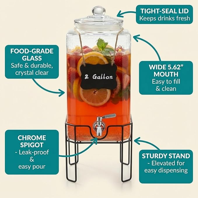 2 Gallon Glass Drink Dispenser, Drink Dispensers - Image 6