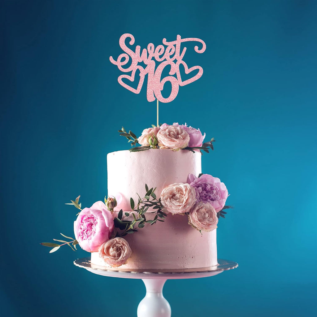 Gyufise 1Pc Sweet Teenager 16 Cake Topper Glitter 16th Birthday Cake Pick for Cheers to 16 Years Old 16th Birthday Party Cake Decorations Supplies Pink