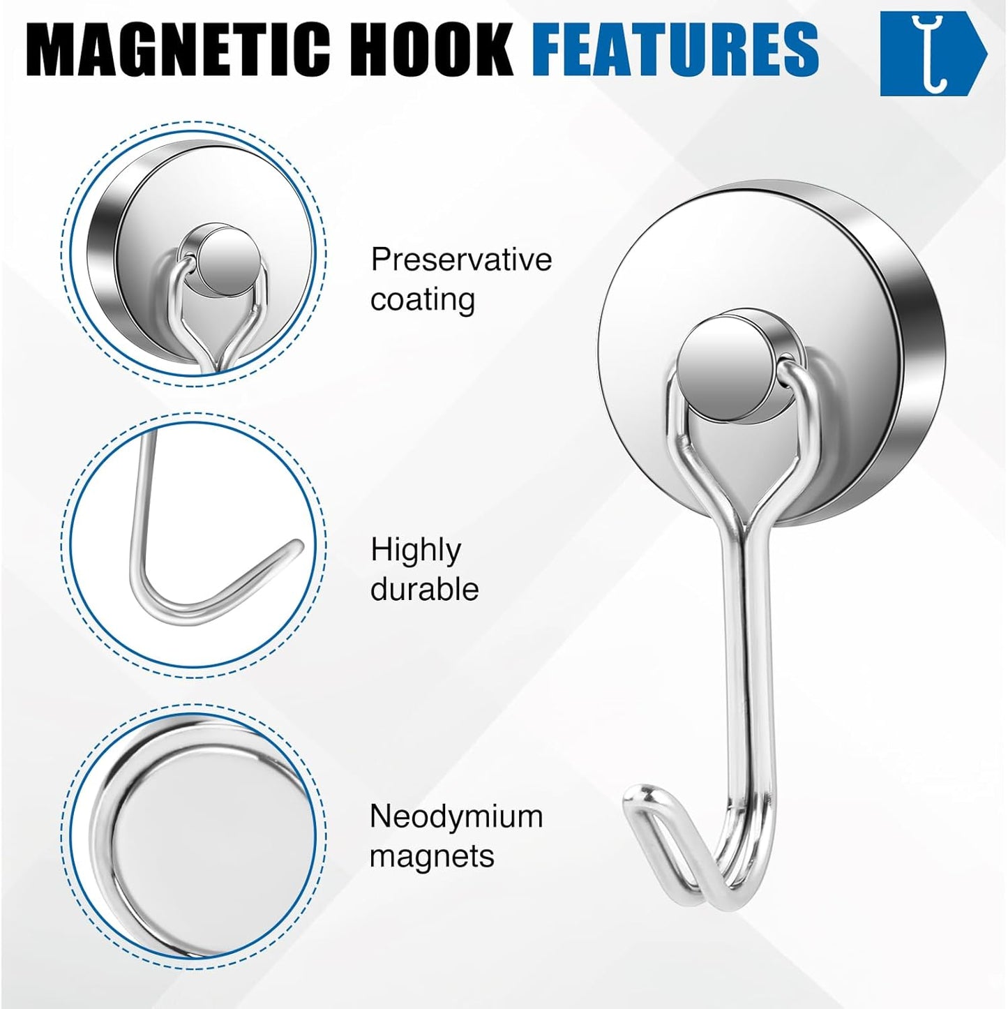 LOVIMAG Hooks, 80lbs+ Magnetic Magnet Hook 2025 Cruise Cabin Ship Essentials Heavy Duty Strong Refrigerator Fridge Hanging for Classroom Beach Vacation Kitchen Grills Home Mug Hanger (6 Pack), Silver