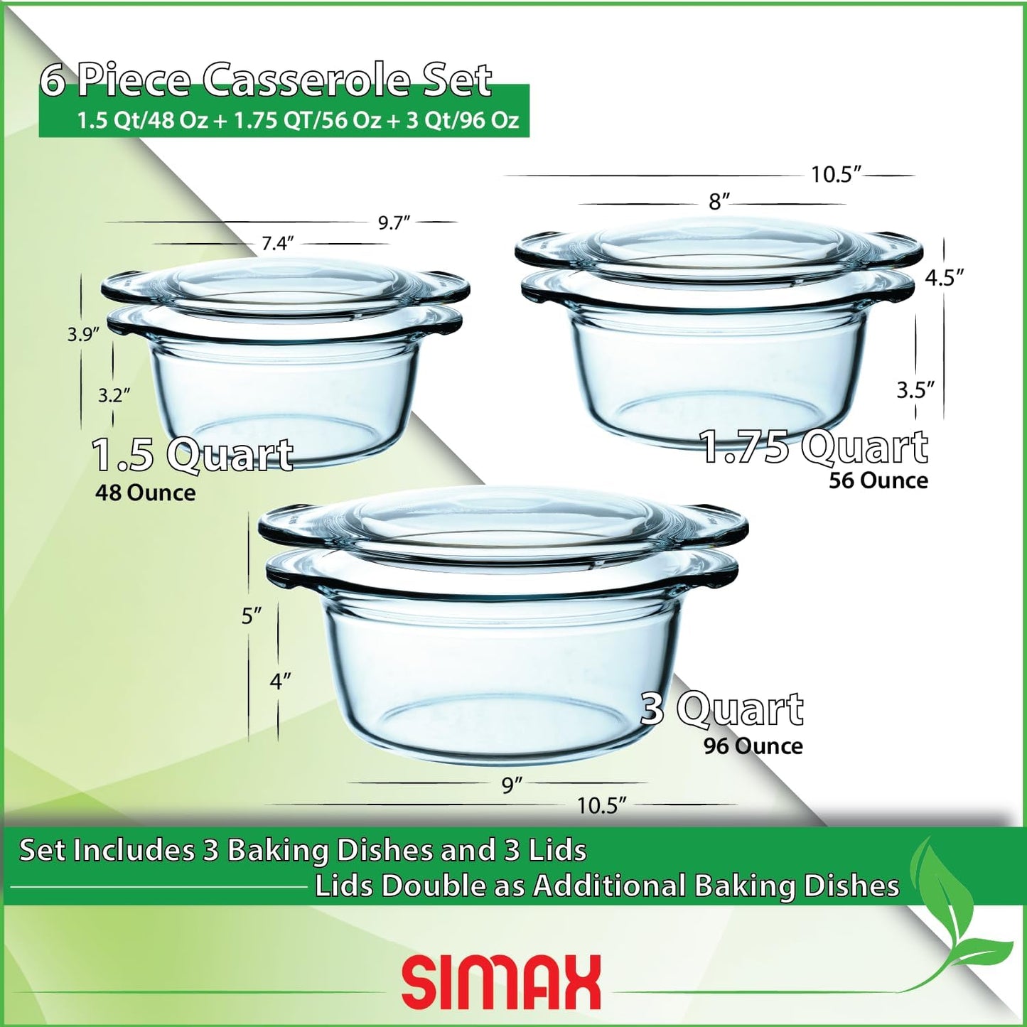 Simax Glass Casserole Dishes for Oven with Lids, Set of 3 Baking Dishes, Covered 1.50, 1.75 & 3 Quart Casserole Dish with Lid, Glass Baking Dishes for Oven, Lead-Free Cookware